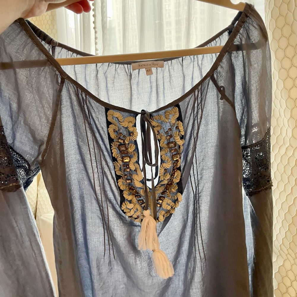 Patrizia Pepe veil cotton top with sequins decor and tassels denim color